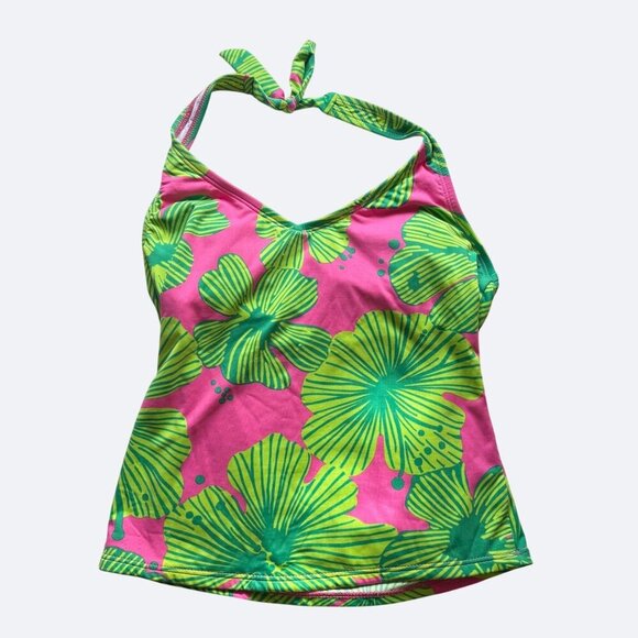 Lilly Pulitzer Swim Halter Top Size 2 XS Green Pink Hisbiscus Flower Adjustable - Picture 1 of 4